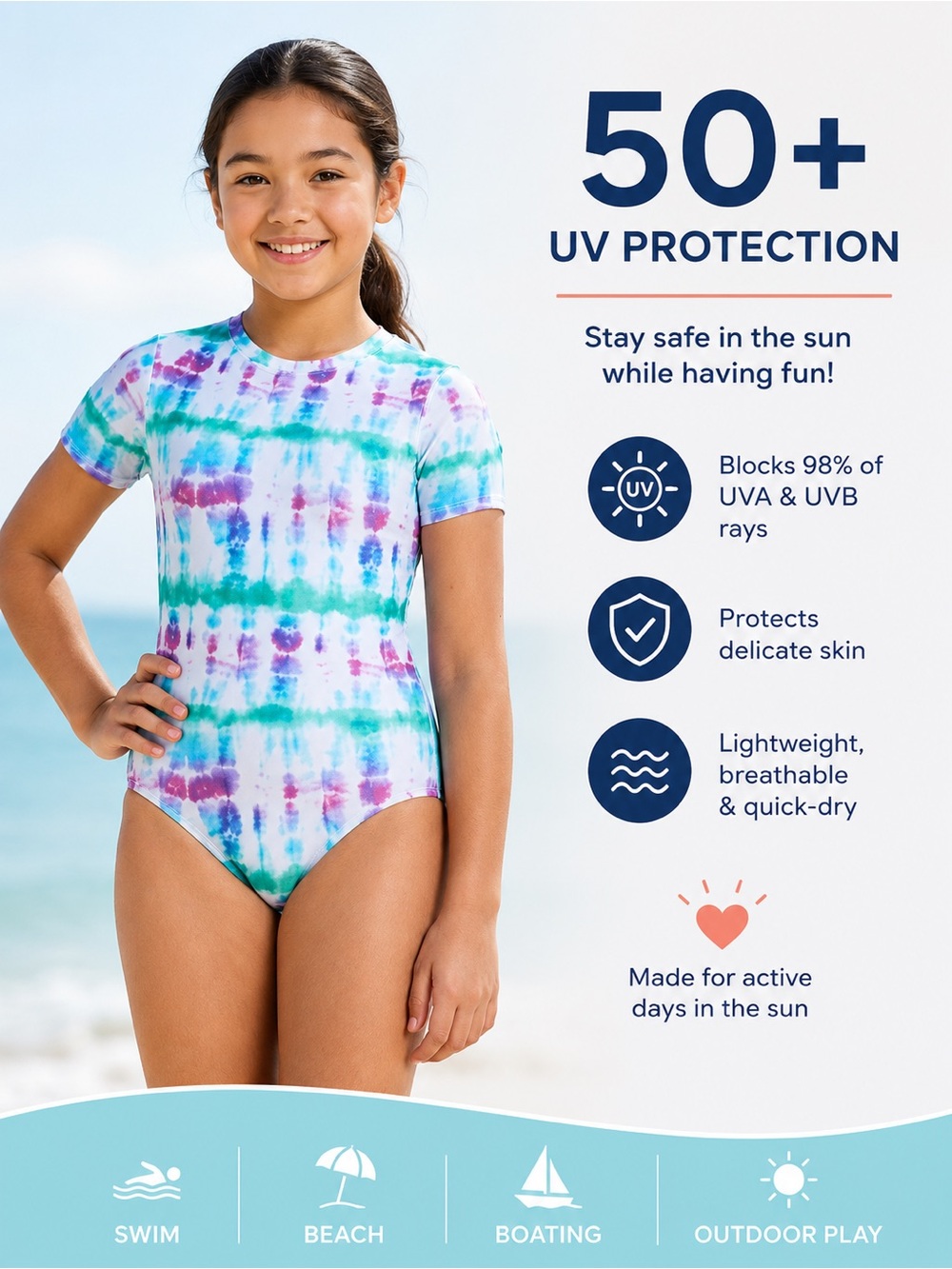 2 Piece DSG Kids Tie-Dye Short Sleeve Rash Guard in Blue, Green & Pink
